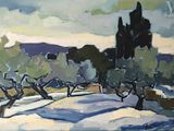 une peinture à l'huile représentant un paysage enneigé avec des arbres au premier plan