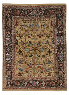 an antique persian rug with a floral design on a brown ground