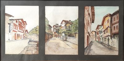 painting of a street scene with buildings and a bench in front of it