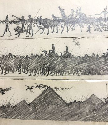 un dessin représentant un groupe de personnes à cheval