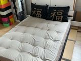 a futon bed in the middle of a room with bookshelves