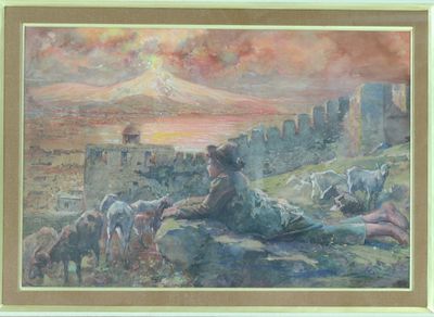 tableau représentant un homme assis sur une colline, avec des moutons et une montagne en arrière-plan