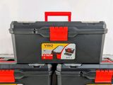 three black and red tool boxes stacked on top of each other