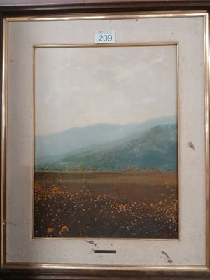framed painting of a landscape with a mountain in the distance