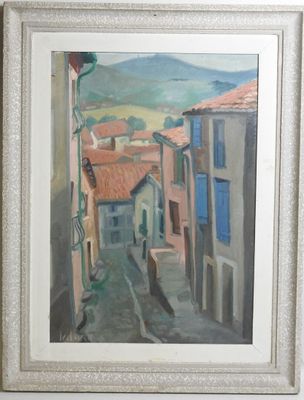 painting of a narrow street with buildings and a mountain in the background