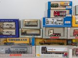 many different types of toy trains and trucks on display