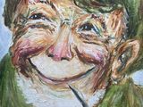 an oil painting of a smiling man with a pipe in his mouth