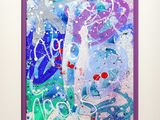 purple and blue abstract painting in a white frame on a wall