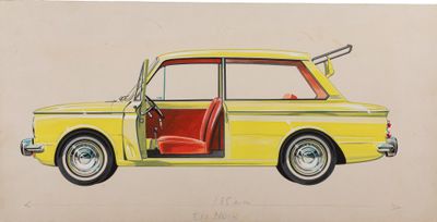 dessin représentant une voiture jaune avec une portière rouge et un siège rouge