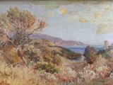 une image représentant une peinture montrant une vue sur l'océan depuis une colline