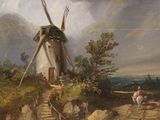 a painting of a man riding a horse in front of a windmill