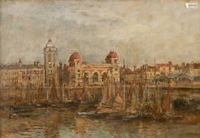 tableau représentant une vue d'un port avec des bateaux et des bâtiments en arrière-plan