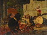 painting of a group of dogs playing instruments in a barn