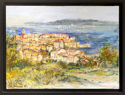 une peinture à l'huile représentant une vue d'une ville au bord de l'eau