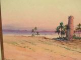a picture of a painting of a lighthouse on the beach