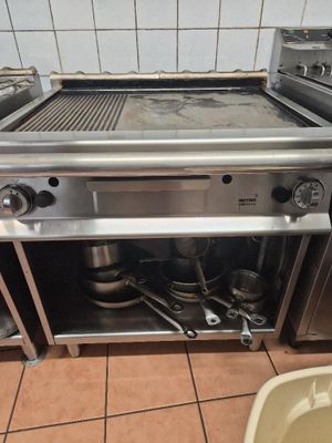 a stove with pots and pans on it in a kitchen