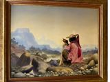 painting of a woman and child sitting on rocks in a mountainous landscape
