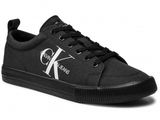 black sneakers with white logo on the side and black laces
