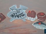 a painting of a plate of food on a table