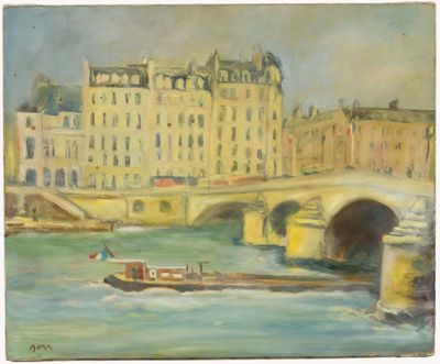 a painting of a boat going under a bridge