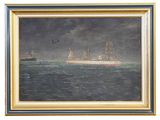 a painting of two ships in the ocean with a sky background