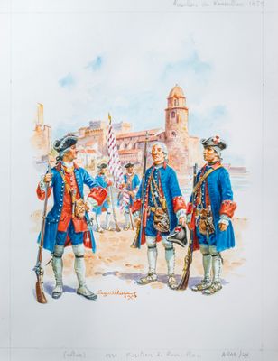 two men in blue uniforms standing next to each other in front of a building