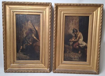 deux tableaux encadrés représentant un homme et une femme dans un décor boisé