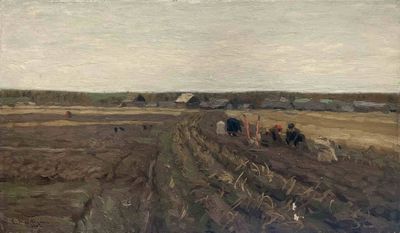 un tableau représentant un paysan labourant un champ avec ses chevaux