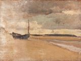 une peinture d'un bateau sur la plage au bord de l'eau