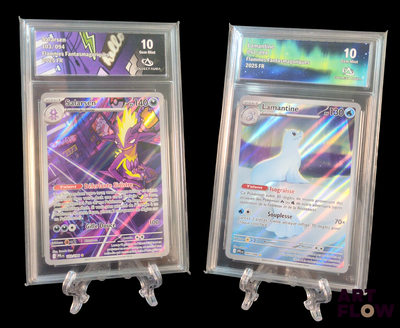two pokemon cards in a clear case on display