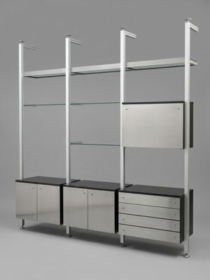 an image of a metal shelf with glass shelves and drawers