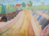 l'image d'une peinture représentant un champ avec une maison au loin