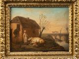 an image of a painting of a man and a cow in front of a house