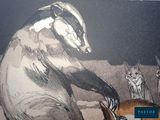 a drawing of a badger sitting on the ground with other animals