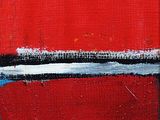 an abstract painting of a red and blue square with a black stripe