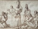 un vieux dessin représentant un groupe de personnes assises autour d'une table