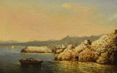 peinture représentant un bateau sur un plan d'eau près d'une côte rocheuse