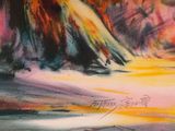 a painting of a man riding a skateboard down a hill