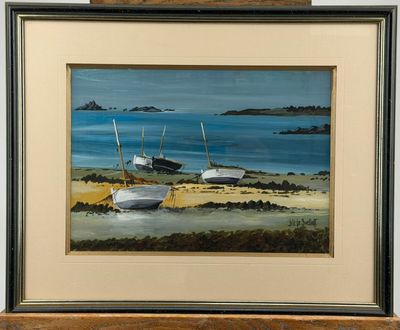 a painting of boats on the shore of a beach