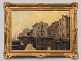 une image représentant un tableau d'une ville avec des bateaux sur l'eau