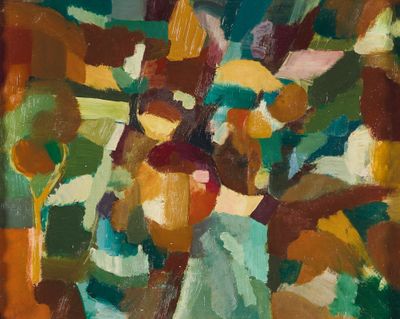une peinture à l'huile représentant un vase avec des fleurs sur une table
