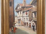 une peinture à l'huile représentant une scène de rue avec des personnes marchant dans la rue