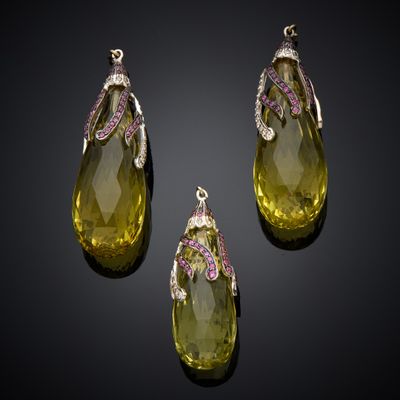 a set of three yellow quartz and pink tourmaline pendants