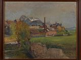 une image représentant un tableau d'un village avec des montagnes en arrière-plan
