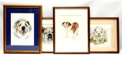 three framed pictures of dogs on a wall with a white background