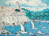 un tableau représentant des voiliers sur l'eau, près d'un phare