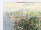 une peinture à l'huile représentant un paysage avec des fleurs et des arbres au premier plan