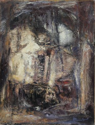 une peinture à l'huile représentant un salon avec une cheminée et un canapé