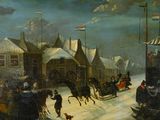 un tableau représentant une calèche tirée par des chevaux dans une rue enneigée