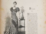 an old book with a picture of a woman in a dress